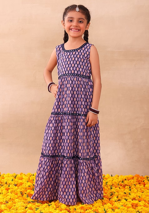 Purple Ikat Print Tiered Dress