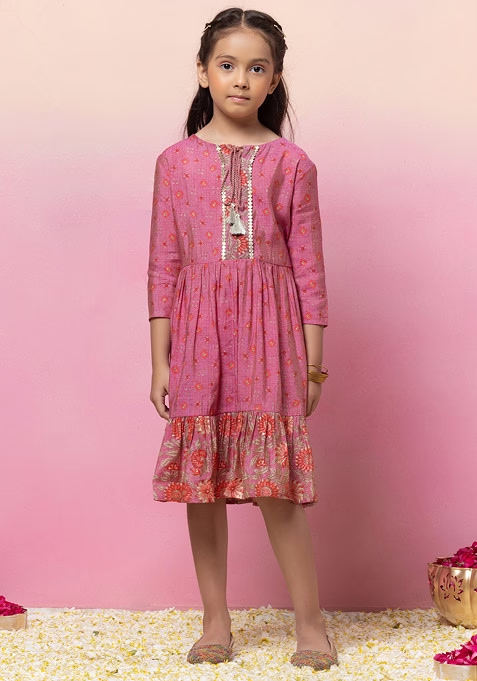 Purple Floral Foil Print Tiered Dress