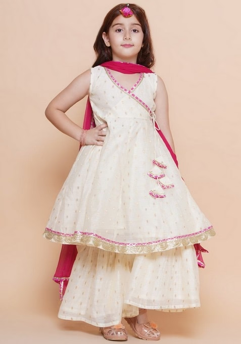 Off White Embroidered Kurta With Sharara And Dupatta (Set of 3)