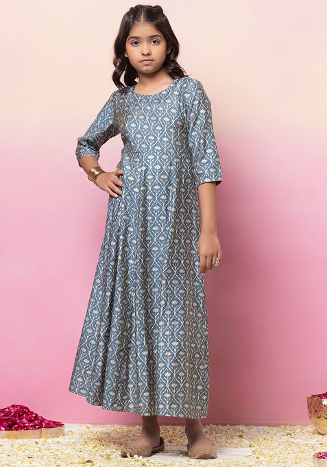 Grey Foil Jaal Print Anarkali Kurta