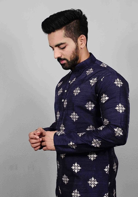 Navy Blue Embroidered Soft Parbon Silk Kurta Set For Men