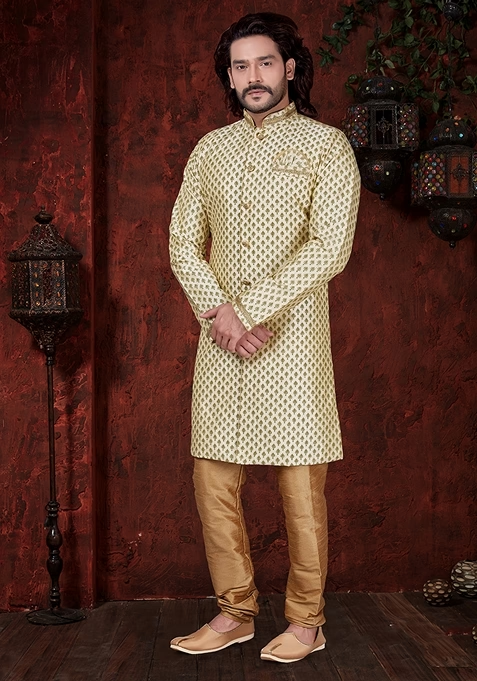 Cream Jarna Print Poly Blend Indo Western Sherwani Set For Men