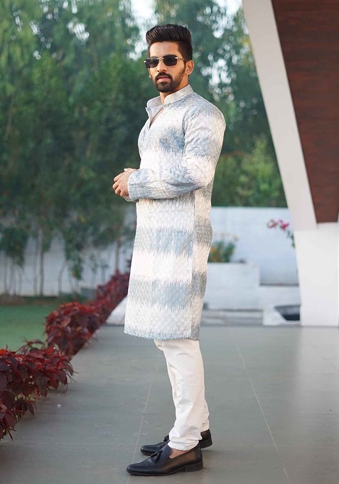 White And Grey Embroidered Heavy Poly Cotton Kurta Set For Men