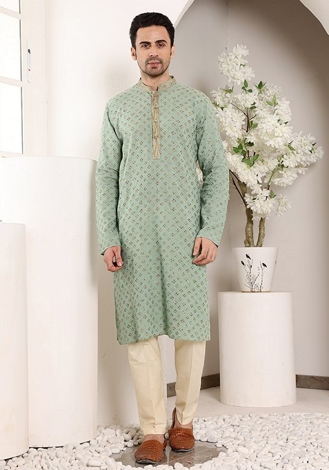 Sea Green Textured Cotton Kurta Set For Men