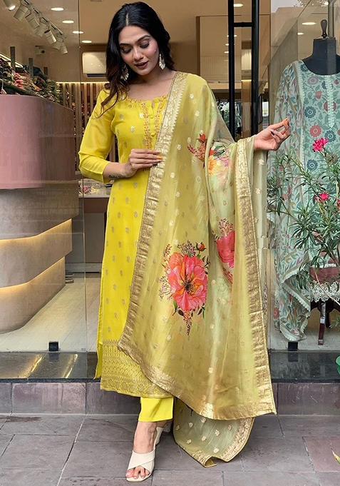 Mustard Thread Embroidered Silk Kurta Set With Dupatta