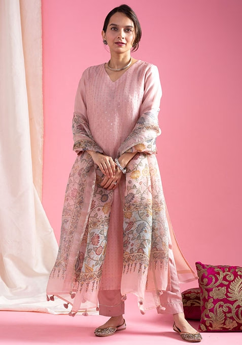Pink Embroidered Chanderi Kurta Set