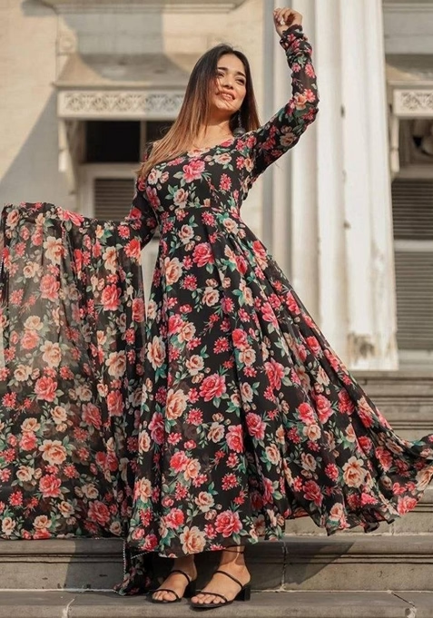 Black Printed Georgette Anarkali Set With Dupatta