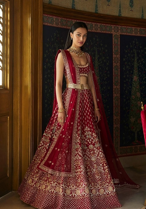 Maroon Sequin Zari Embroidered Banglori Silk Lehenga Set