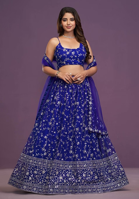 Royal Blue Zari Sequin Embroidered Georgette Lehenga Set